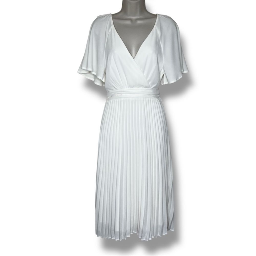 Modcloth Elevated in Love Midi Dress White Flutter Sleeve Pleated Surplice 4
